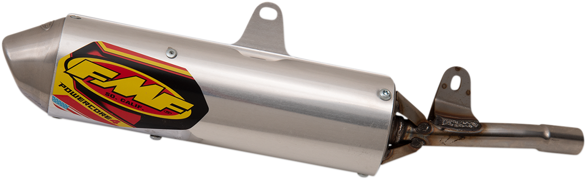 FMF Mini PowerCore 4 slip-on muffler with spark arrestor for small off-road motorcycles, featuring compact design and durable construction.