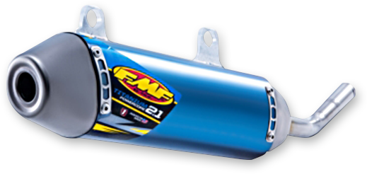 FMF Powercore 2.1 Shorty Muffler on motorcycle, lightweight titanium or aluminum exhaust silencer with brand logo visible.