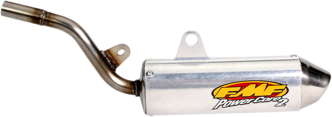 FMF Powercore 2 Silencer for 2-stroke engines, showcasing the lightweight motorcycle exhaust component with branding and metal finish.