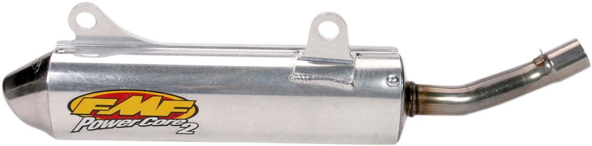 FMF Powercore 2 Silencer for high-performance 2-stroke exhaust system, shown in black with brand logo and mounting components.