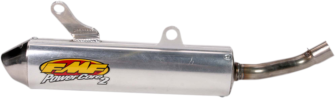 FMF Powercore 2 Silencer for 2-stroke engines, high-performance motorcycle exhaust system, black and silver finish.