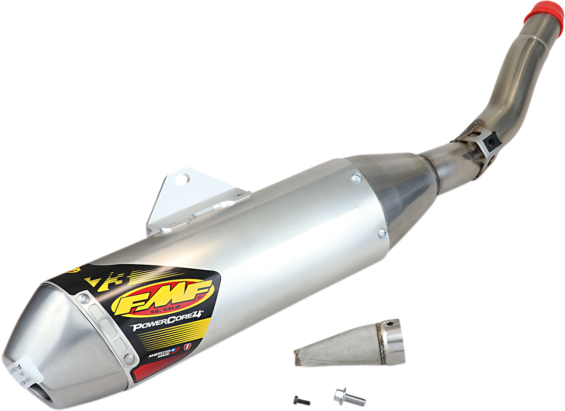 FMF PowerCore 4 HEX motorcycle muffler, high-performance exhaust upgrade, with sleek metal design and branding details visible.
