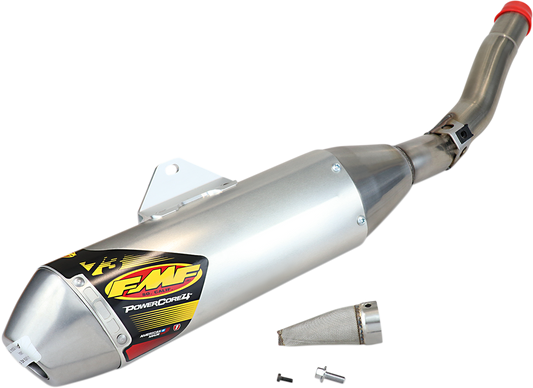 FMF PowerCore 4 HEX motorcycle muffler, high-performance exhaust upgrade, with sleek metal design and branding details visible.