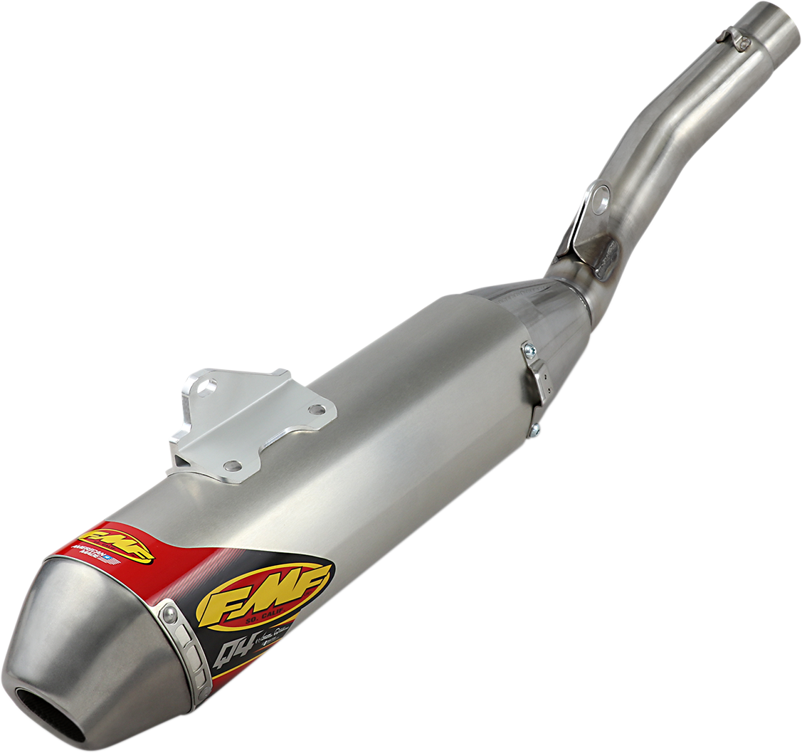 FMF Q4 HEX muffler for off-road motorcycle, showcasing its sleek high-performance exhaust design and branding.
