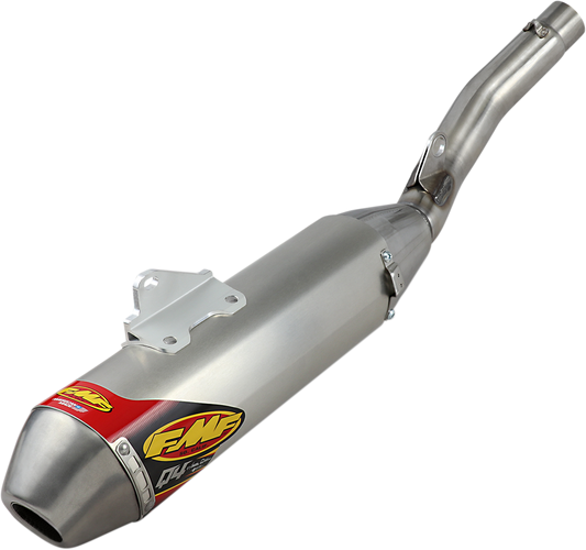 FMF Q4 HEX muffler for off-road motorcycle, showcasing its sleek high-performance exhaust design and branding.