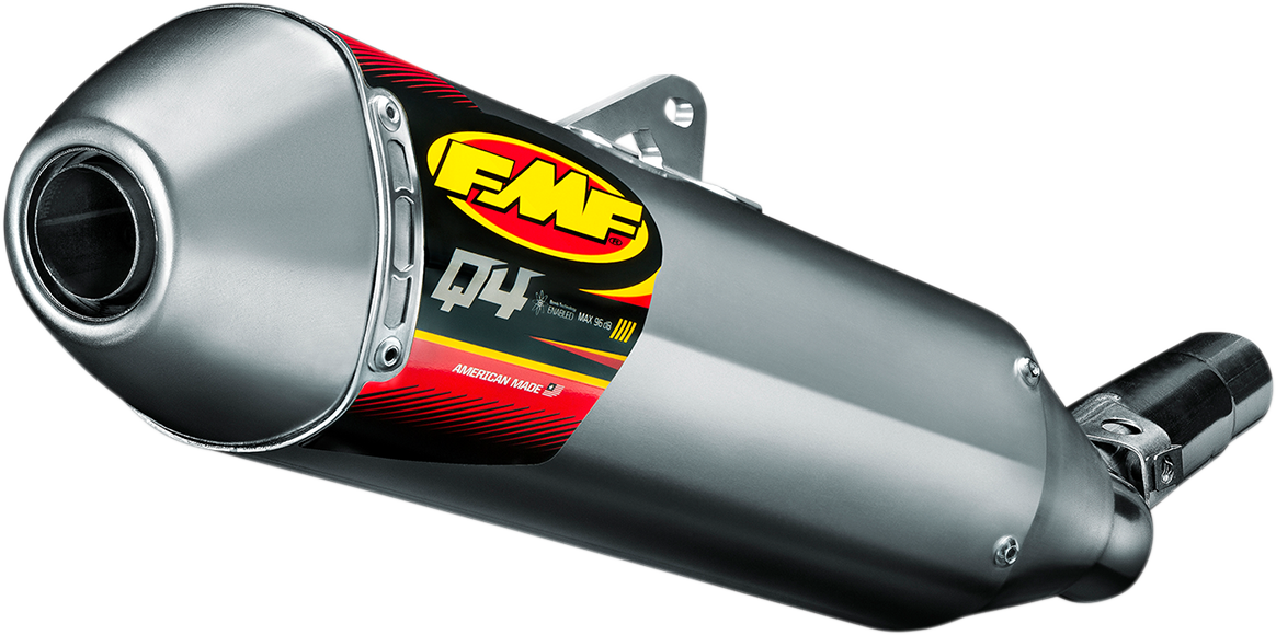FMF Q4 HEX Muffler for off-road vehicles, showcasing its durable stainless steel construction and sleek high-performance exhaust design.
