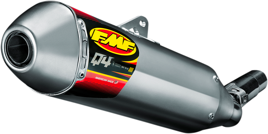 FMF Q4 HEX Muffler for off-road vehicles, showcasing its durable stainless steel construction and sleek high-performance exhaust design.