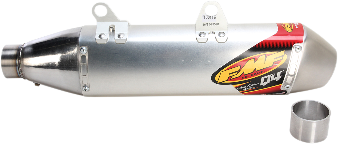 FMF Q4 HEX Muffler, lightweight off-road performance exhaust for motorcycles, shown in a sleek black finish with mounting components.