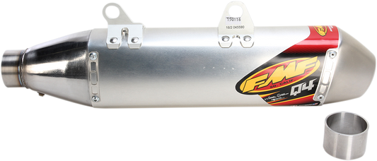 FMF Q4 HEX Muffler, lightweight off-road performance exhaust for motorcycles, shown in a sleek black finish with mounting components.