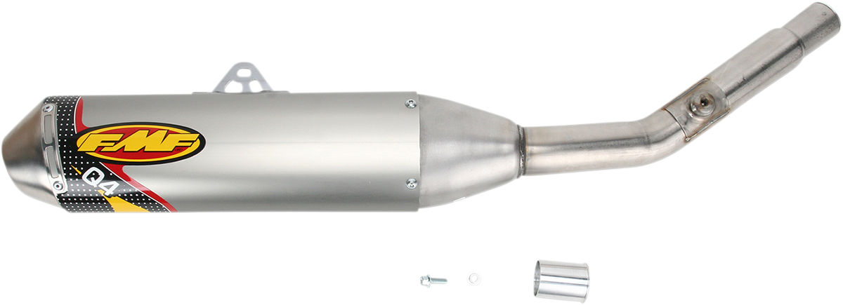 FMF Q4 muffler for off-road motorcycle, high-performance exhaust system with sleek metal finish and durable construction.