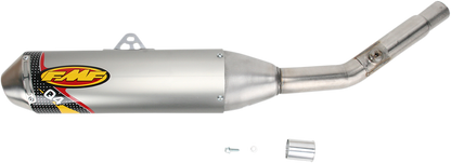 FMF Q4 muffler for off-road motorcycle, high-performance exhaust system with sleek metal finish and durable construction.
