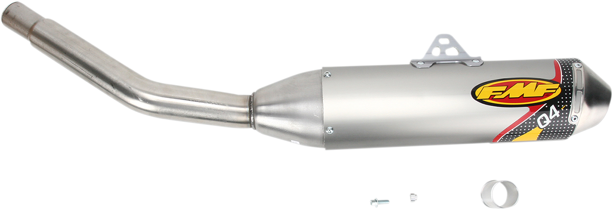 FMF Q4 muffler for off-road motorcycle, high-performance exhaust system with sleek metal finish and compact design.