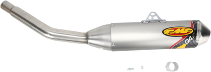 FMF Q4 muffler for off-road motorcycle, high-performance exhaust system with sleek metal finish and compact design.