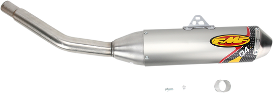 FMF Q4 muffler for off-road motorcycle, high-performance exhaust system with sleek metal finish and compact design.