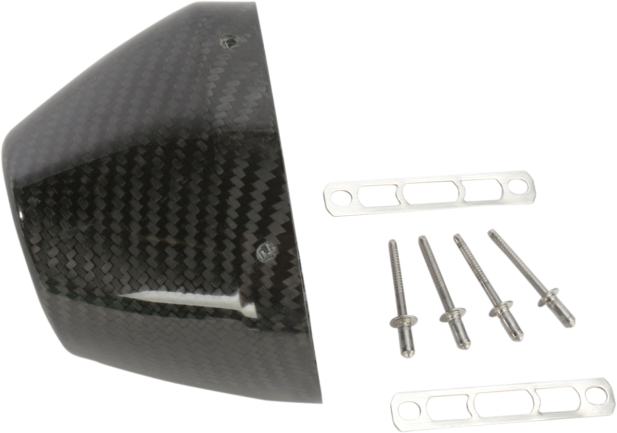 FMF Replacement End Cap Kit for RCT Carbon Fiber Canisters, part number 040643, shown on a canister with black end caps.