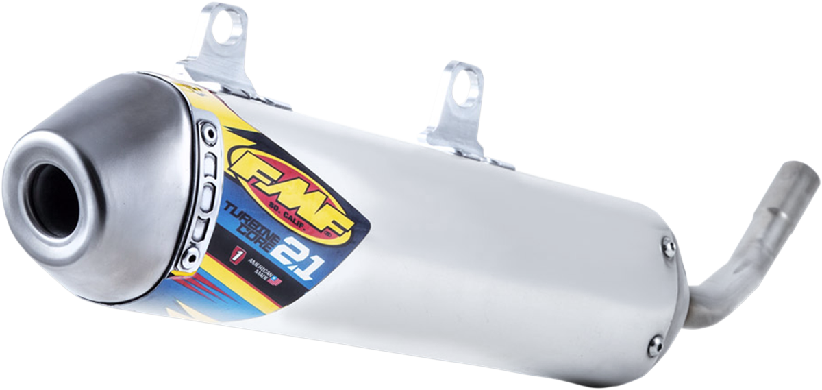 FMF Turbinecore 2.1 muffler part for trail performance, shown in black with metal exhaust components and brand logo.