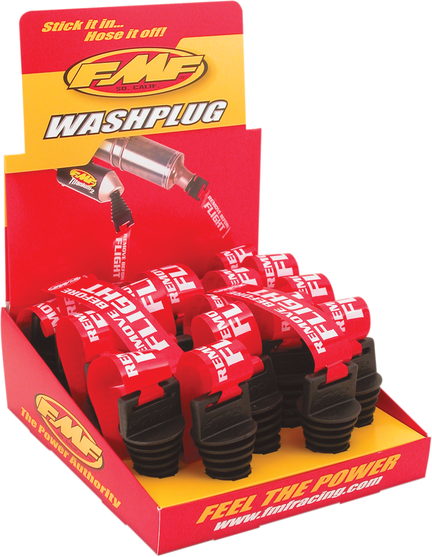 FMF Wash Plug Display for 4-Stroke Engines 20-Pack, Part Number 011384, showing protective engine plugs in packaging