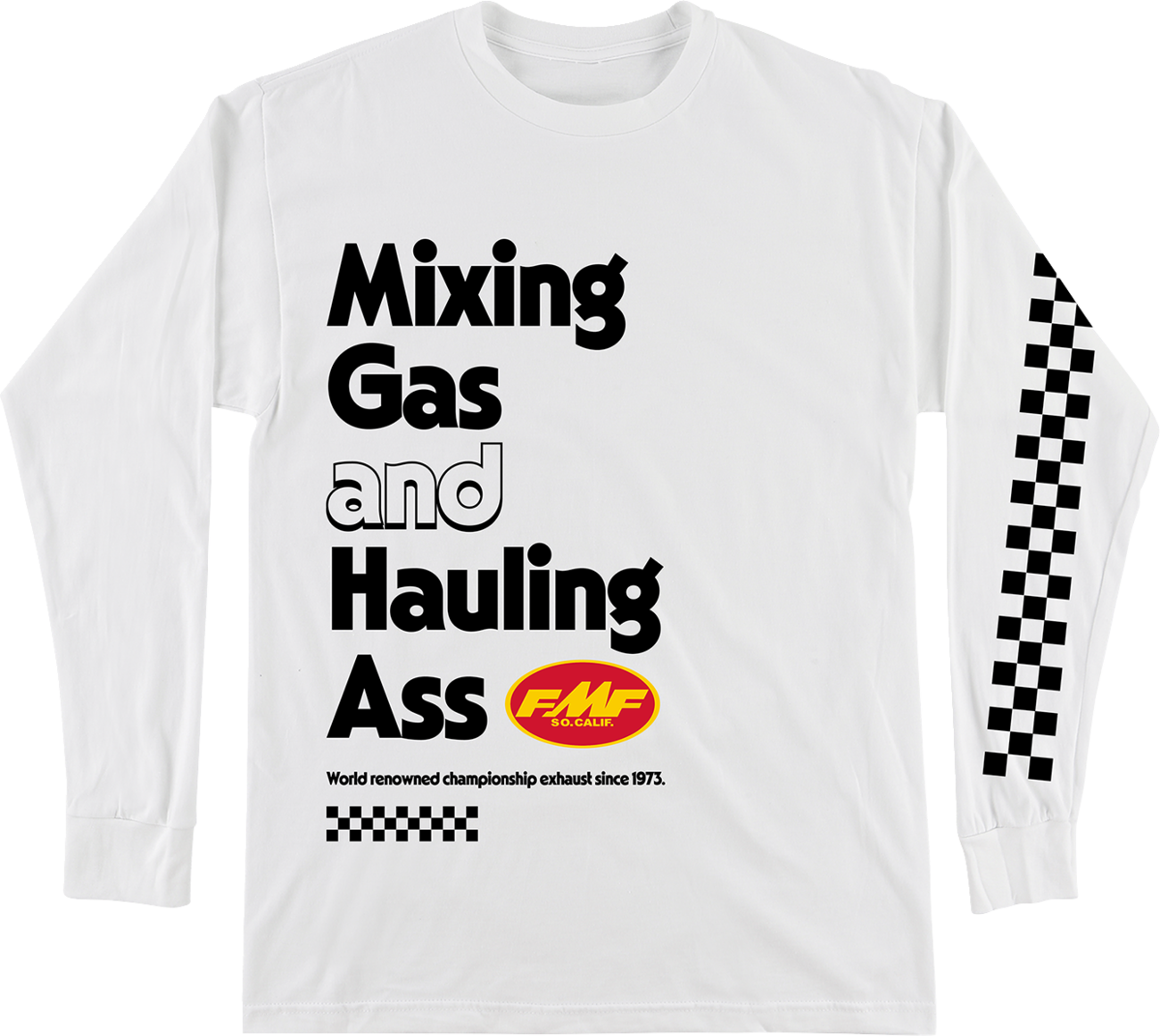 FMF World Famous long-sleeve T-shirt in white, large size, featuring FMF branding on the front, casual and comfortable fit.