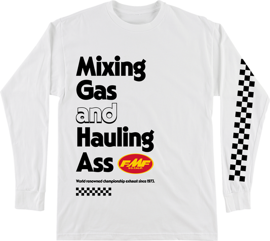 FMF World Famous long-sleeve T-shirt in white, large size, featuring FMF branding on the front, casual and comfortable fit.