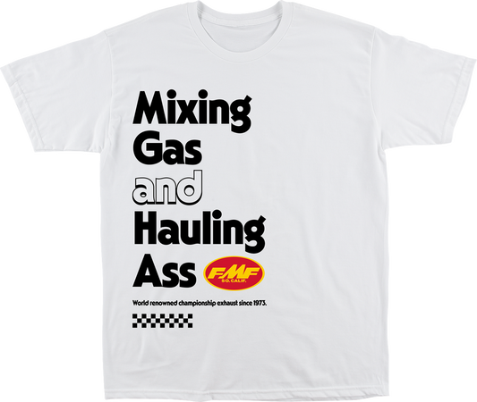 White FMF World Famous T-Shirt in large size with bold FMF logo and graphic design on front, casual and comfortable fit.
