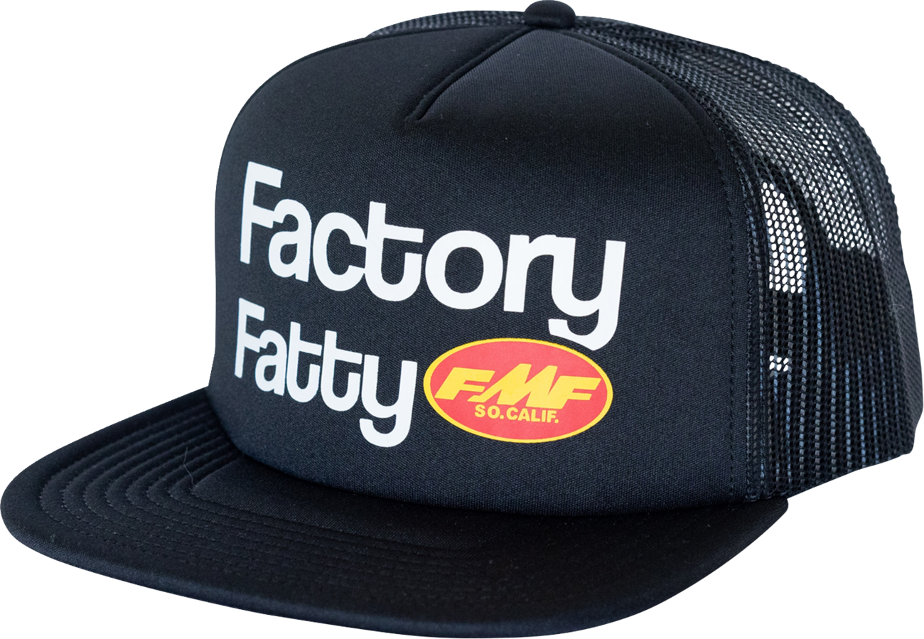 Black FMF Fatty Trucker Hat with mesh back and adjustable strap, featuring the FMF logo on the front.