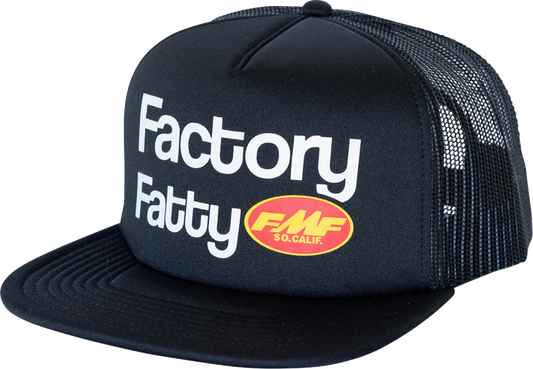 Black FMF Fatty Trucker Hat with mesh back and adjustable strap, featuring the FMF logo on the front.