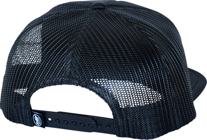 Black FMF Fatty Trucker Hat with mesh back and adjustable strap, featuring the FMF logo for a casual, sporty look.