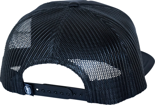 Black FMF Fatty Trucker Hat with mesh back and adjustable strap, featuring the FMF logo for a casual, sporty look.
