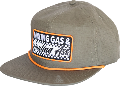 FMF Primo Ripstop Hat in olive with rope trim and woven FMF label, showcasing durable fabric and stylish design.