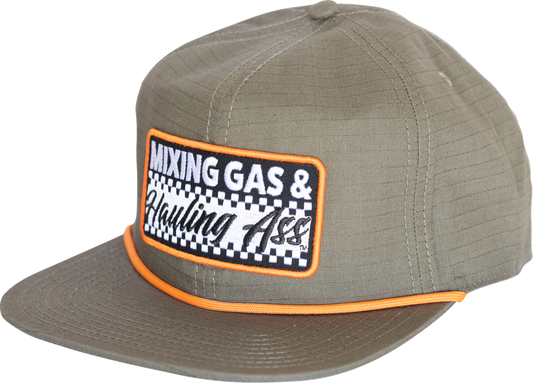 FMF Primo Ripstop Hat in olive with rope trim and woven FMF label, showcasing durable fabric and stylish design.
