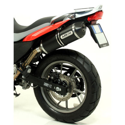 Dark aluminum Arrow G 650 Gs '11/'16 exhaust with Race-Tech silencer and mid pipe, designed for BMW G 650 Gs motorcycle.