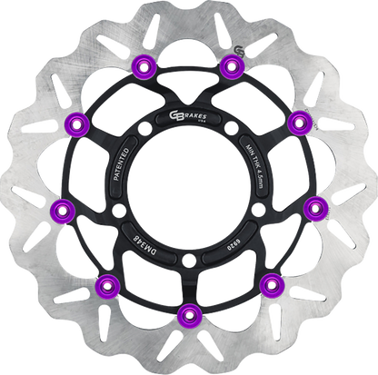 GBRAKES front GBDU039 brake rotor for high-performance sportbikes and V-twin builds, showcasing ventilated metal disc with mounting holes.