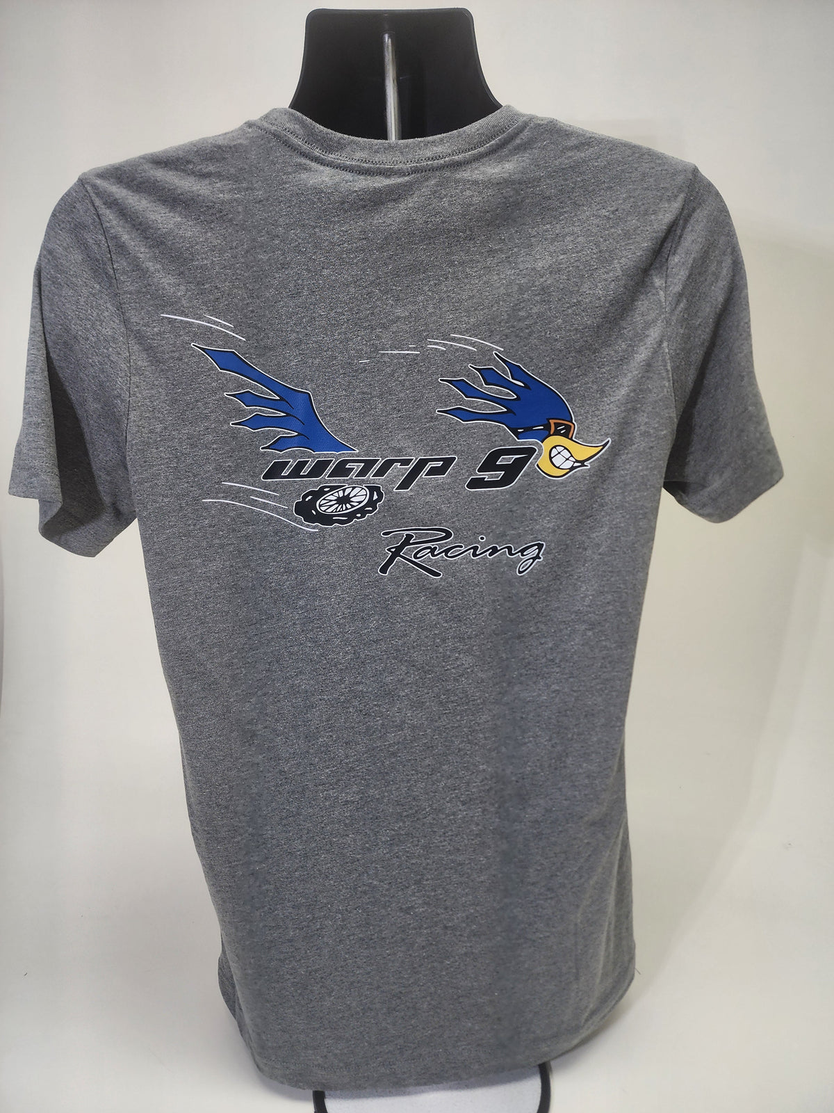 Gray WarpWear Road Runner T-shirt with back graphic, featuring a racing-inspired design from Warp9Racing.