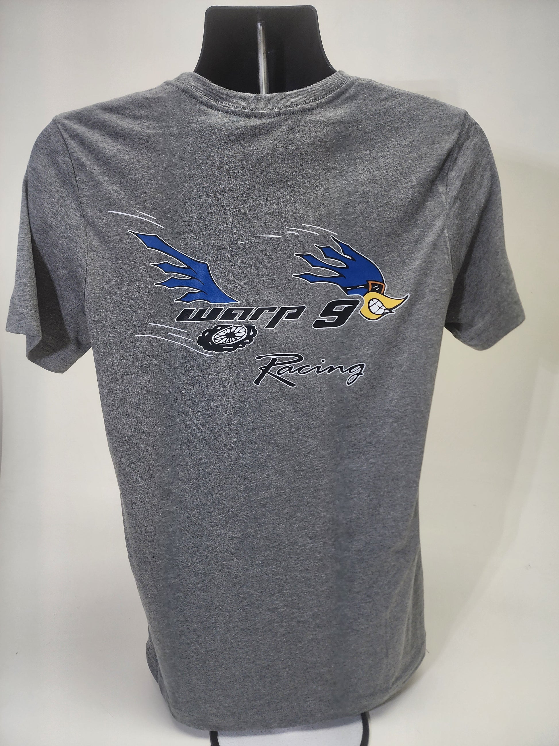 Gray WarpWear Road Runner T-shirt showing the back design with a sleek graphic, perfect for casual racing apparel.