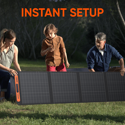 Jackery SolarSaga 200W portable solar panel for outdoor charging, featuring durable design and multiple connecting ports.