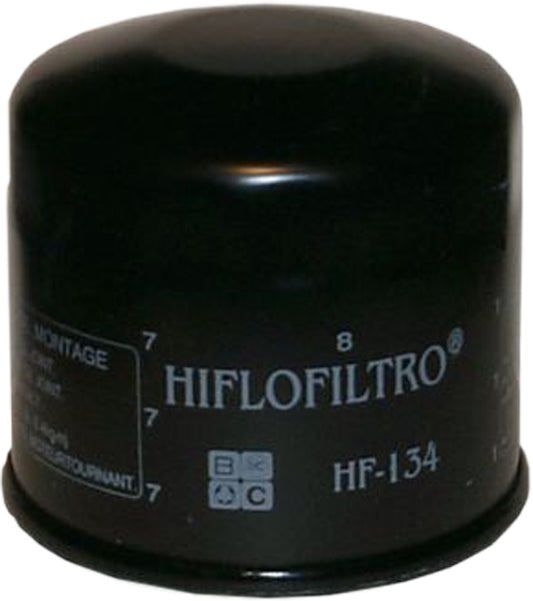 HIFLOFILTRO HF134 motorcycle oil filter showing the cylindrical metal filter with brand logo, designed for reliable engine performance