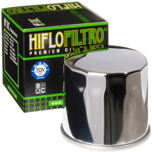 HIFLOFILTRO HF138C chrome motorcycle oil filter showing the brand logo and detailed metal finish.