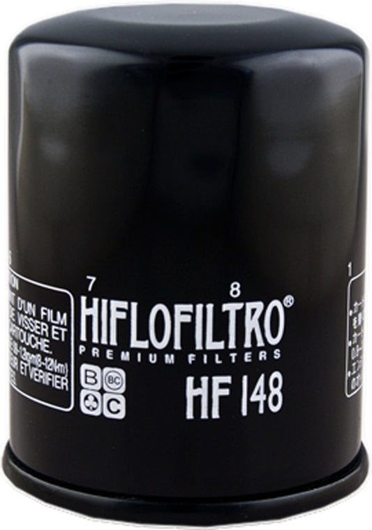HIFLOFILTRO HF148 motorcycle oil filter for optimal engine protection, showing the cylindrical filter element with brand markings.