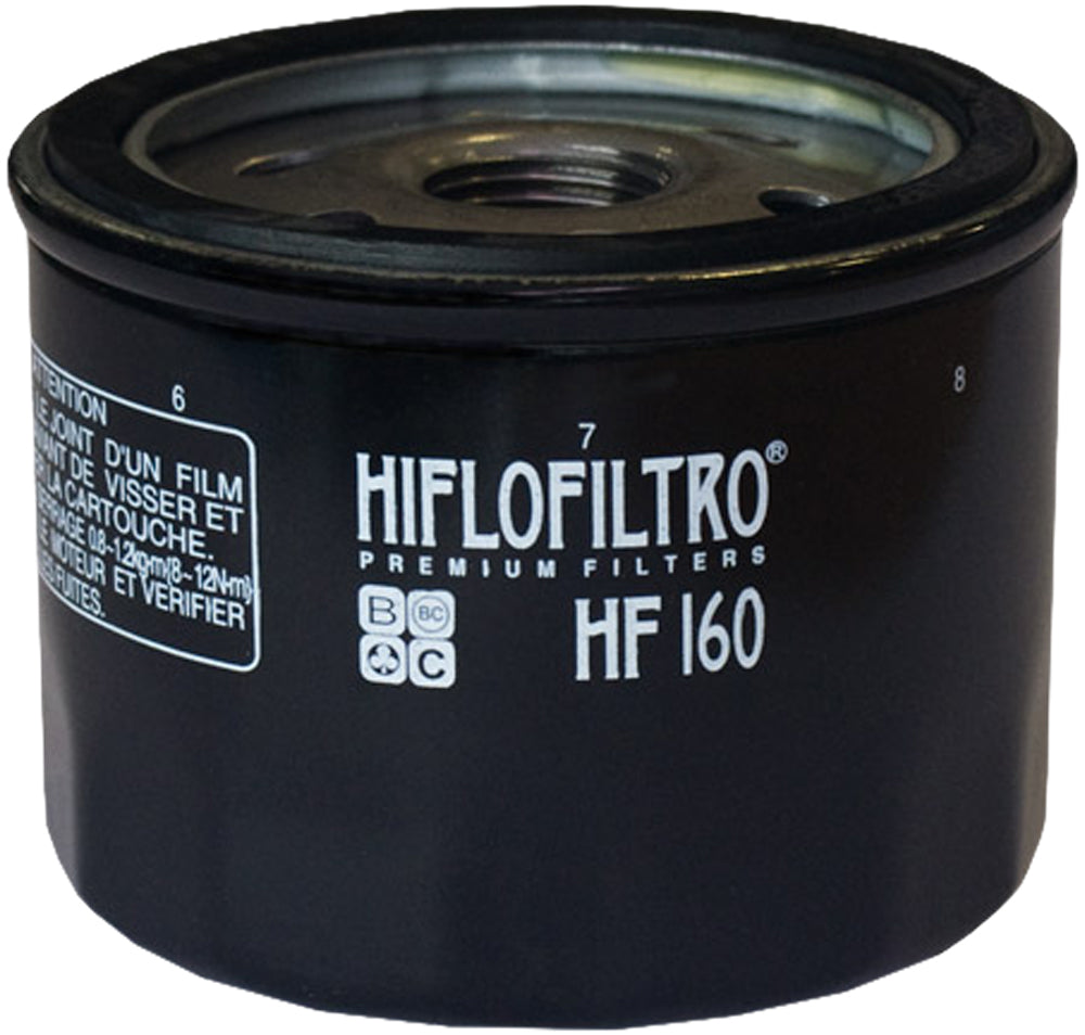 HIFLOFILTRO HF160 motorcycle oil filter, premium replacement part with metal casing and label, designed for motorcycle engine filtration.