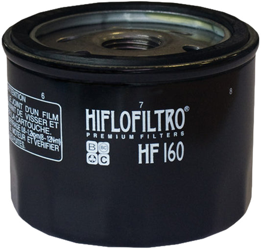 HIFLOFILTRO HF160 motorcycle oil filter, premium replacement part with metal casing and label, designed for motorcycle engine filtration.