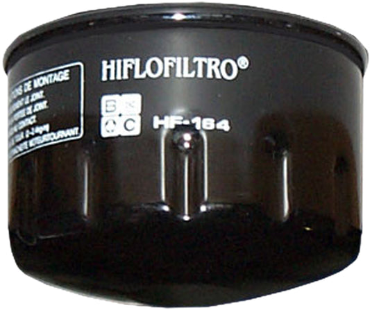HIFLOFILTRO HF164 motorcycle oil filter, high-performance replacement part with metal casing and filter media visible.