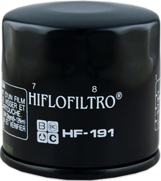 HIFLOFILTRO HF191 motorcycle oil filter showing metal canister and filter element for efficient engine oil filtration.
