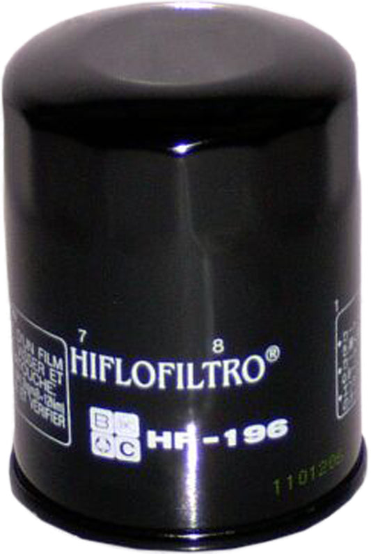 HIFLOFILTRO HF196 motorcycle oil filter with black canister and metal top, designed for easy installation and premium engine protection.