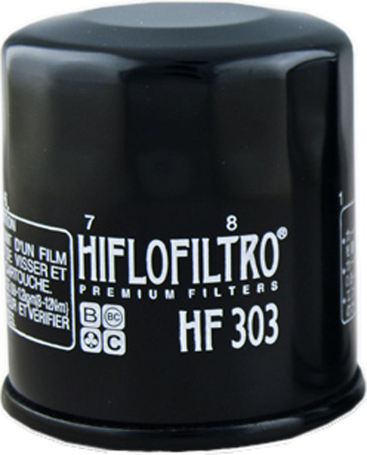 HIFLOFILTRO HF303 motorcycle oil filter with high-performance filtration and durable metal housing.
