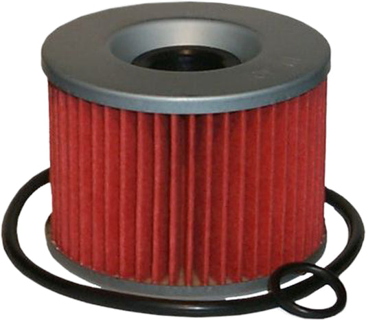 HIFLOFILTRO HF401 motorcycle oil filter showing metal casing and filter element for high performance and reliability.