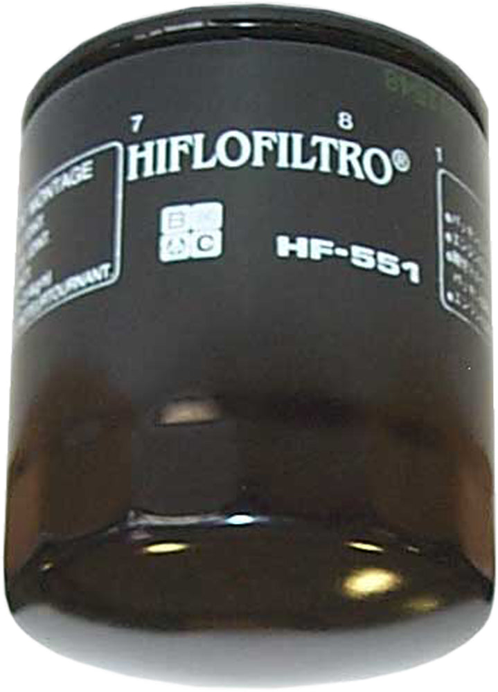 HIFLOFILTRO HF551 motorcycle engine oil filter showing metal body and filter element for efficient oil filtration