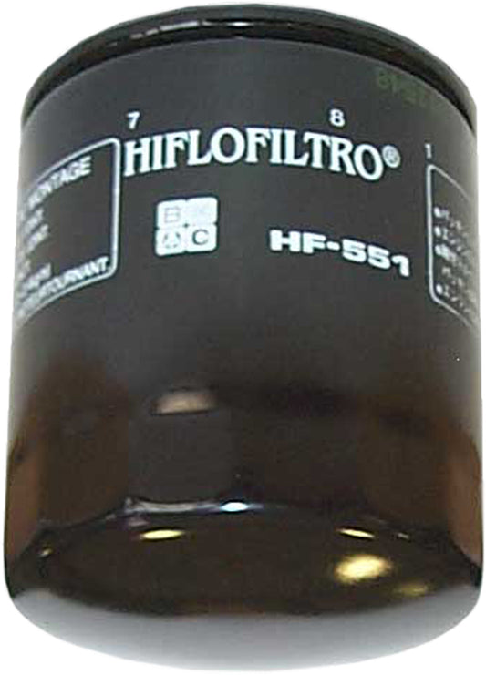 HIFLOFILTRO HF551 motorcycle engine oil filter showing metal body and filter element for efficient oil filtration