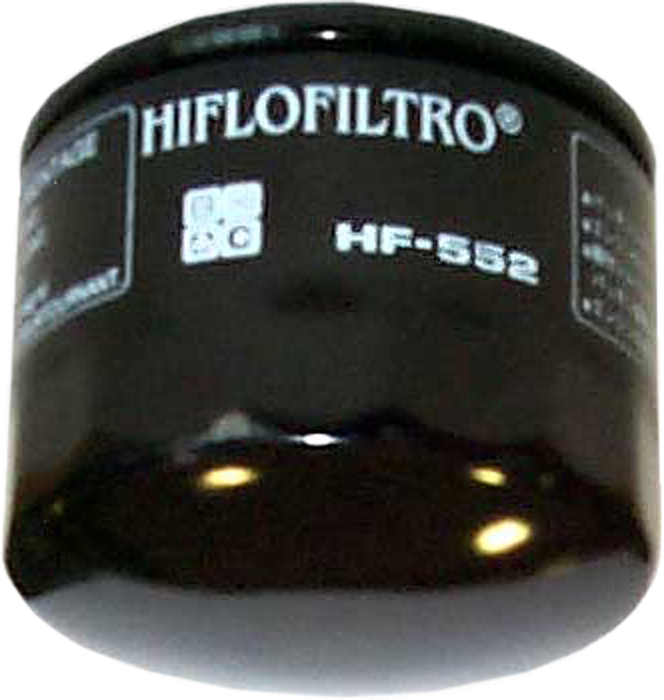 HIFLOFILTRO HF552 motorcycle engine oil filter showcasing the cylindrical filter element with brand labeling.
