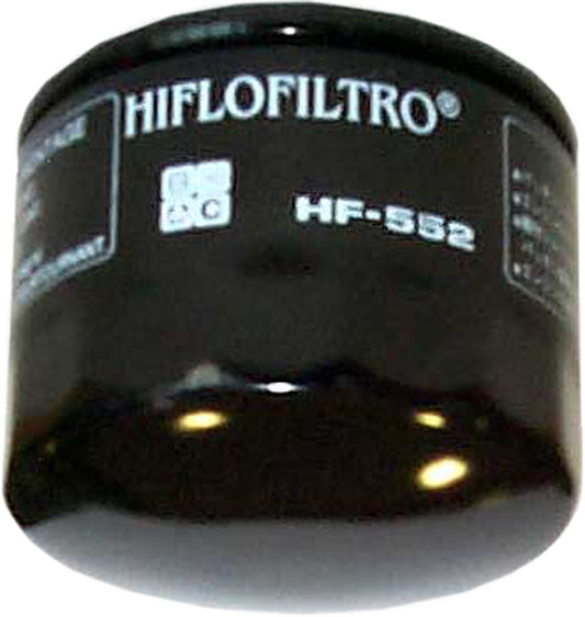 HIFLOFILTRO HF552 motorcycle engine oil filter showcasing the cylindrical filter element with brand labeling.