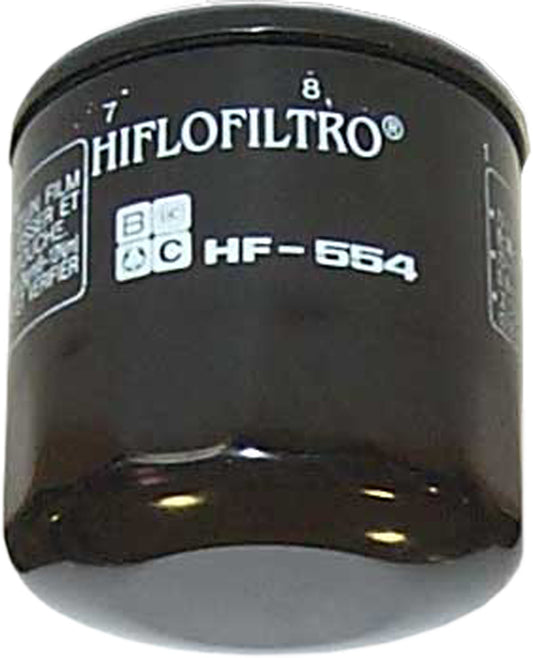 HIFLOFILTRO HF554 motorcycle oil filter showing the cylindrical filter element and brand logo for premium engine protection.